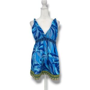 Hale Bob Silk Tunic Top M Blue Abstract Boho Resort Y2K‎ Flowy Empire Waist